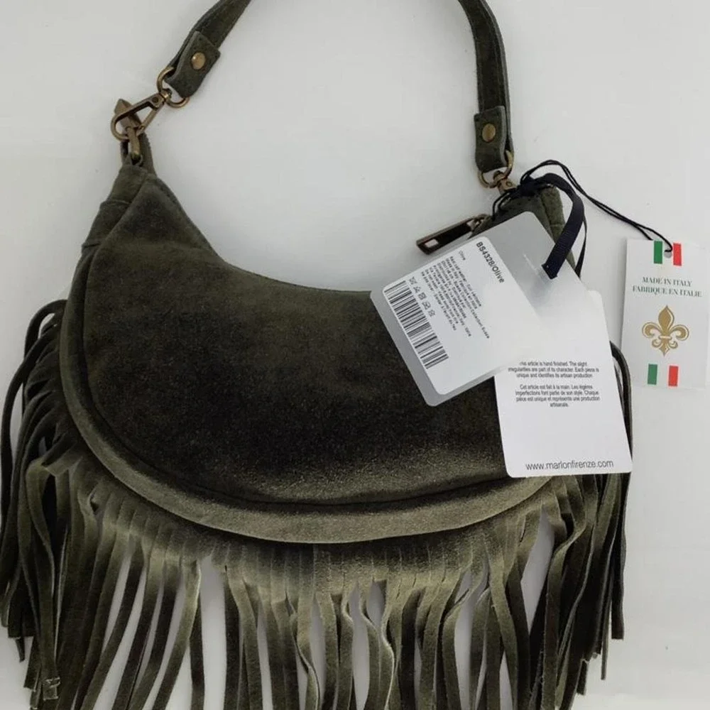Marlon Firenze Olive Green Genuine Suede Fringe Hobo Shoulder Bag Italy NEW